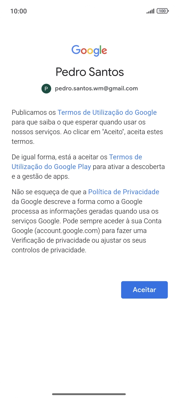 Prima Aceitar e siga as indicações no ecrã para escolher as definições da conta Google.