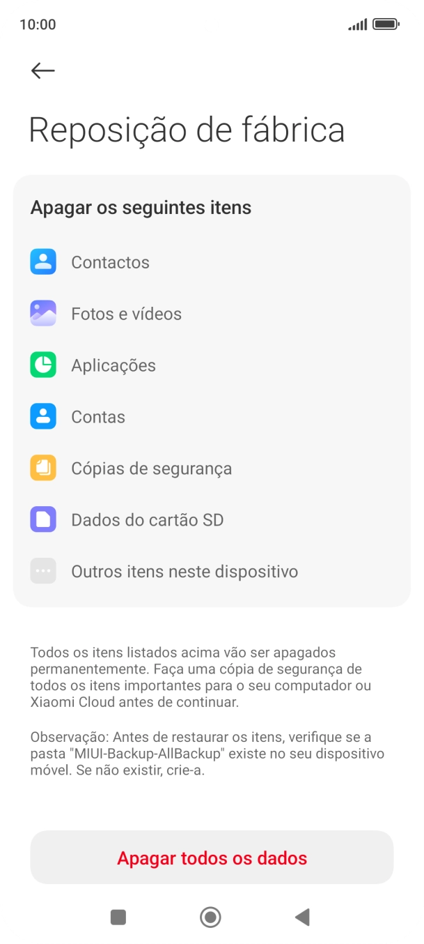 Prima Apagar todos os dados.
