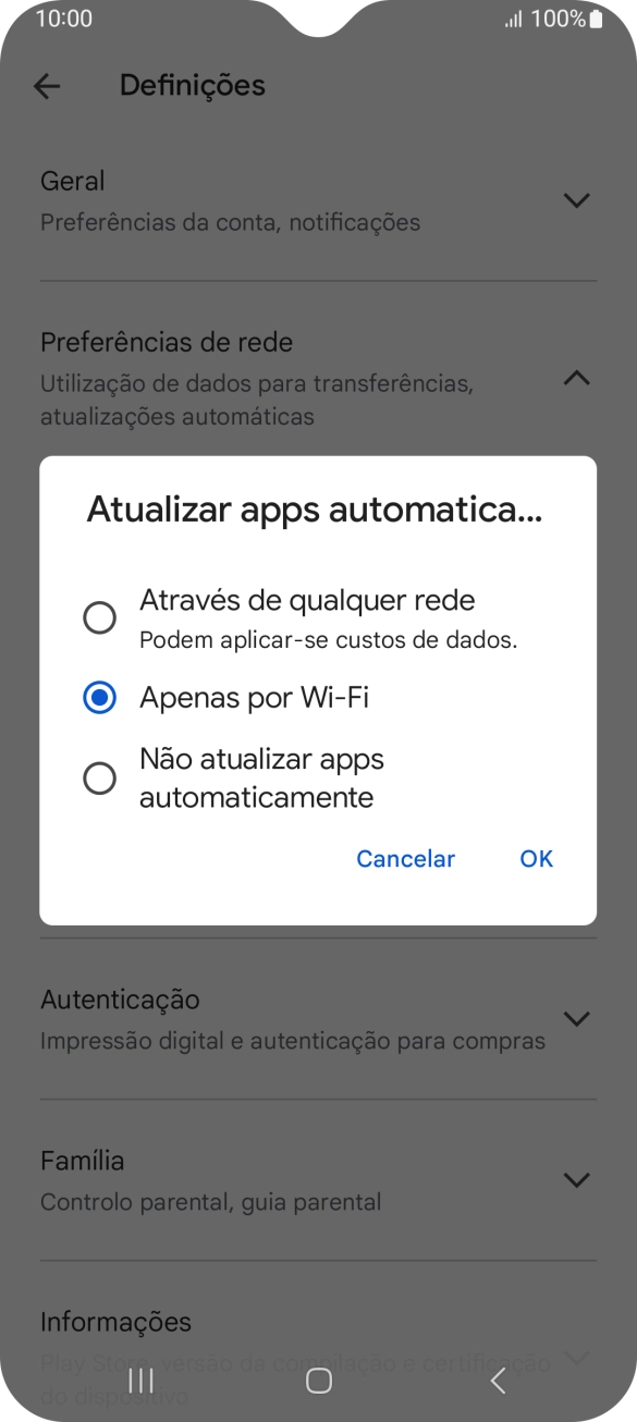 Para ativar a atualização automática de apps via redes móveis, prima Através de qualquer rede.