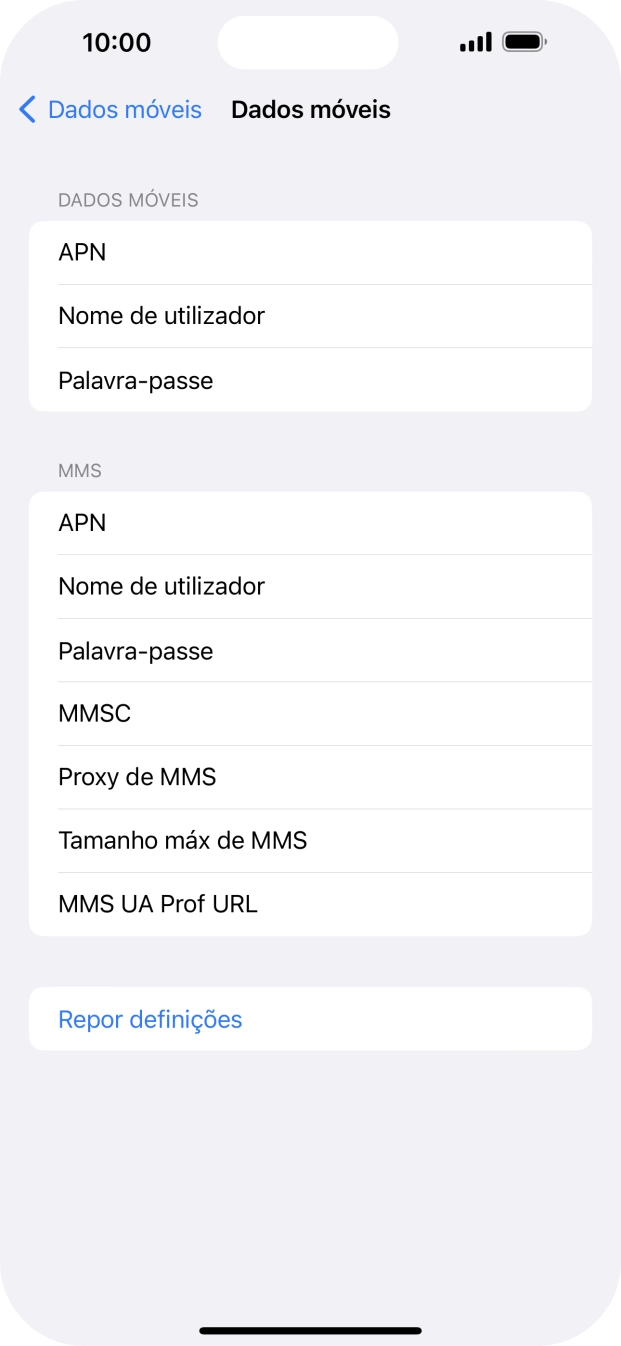 Prima APN e insira net2.vodafone.pt.