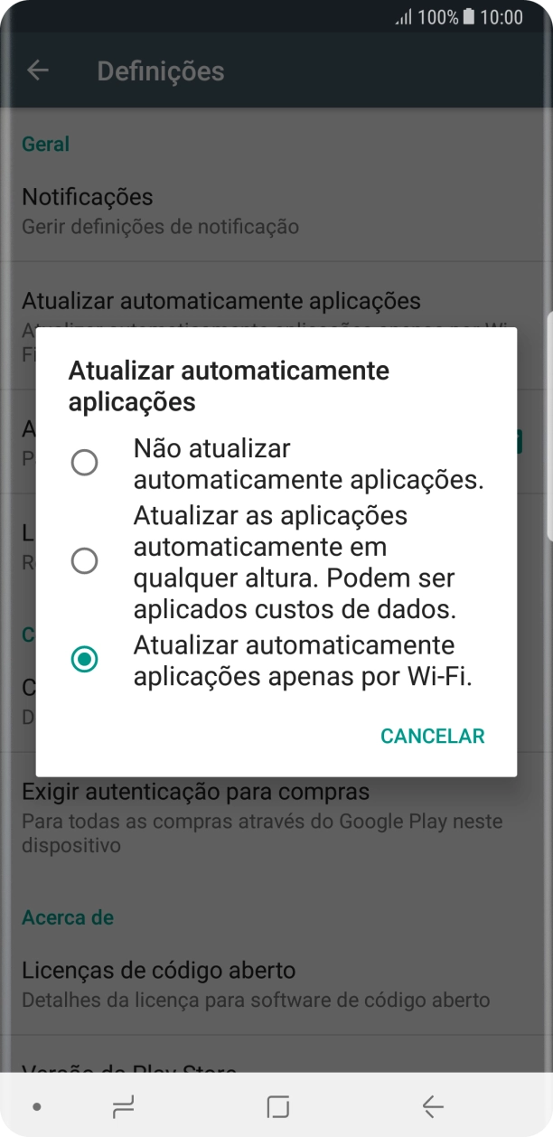 Para desativar a atualização automática de apps, prima Não atualizar automaticamente aplicações..