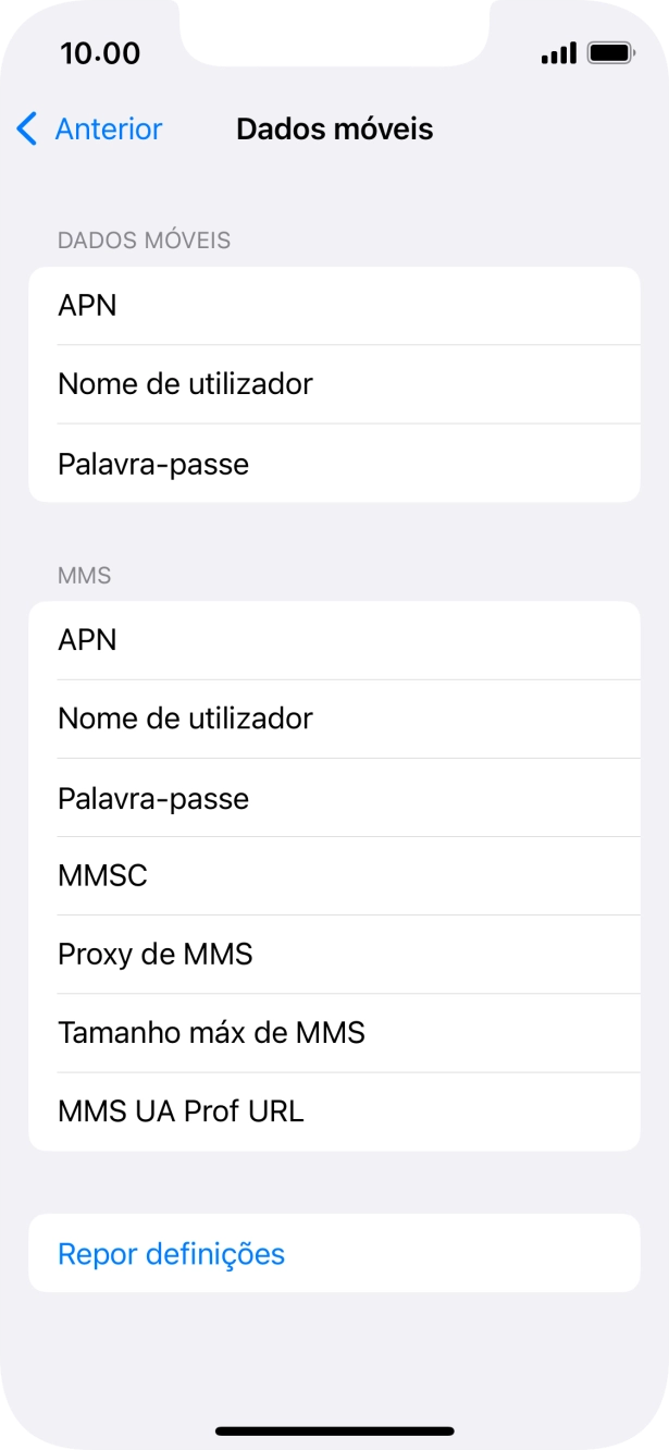 Prima APN e insira net2.vodafone.pt.