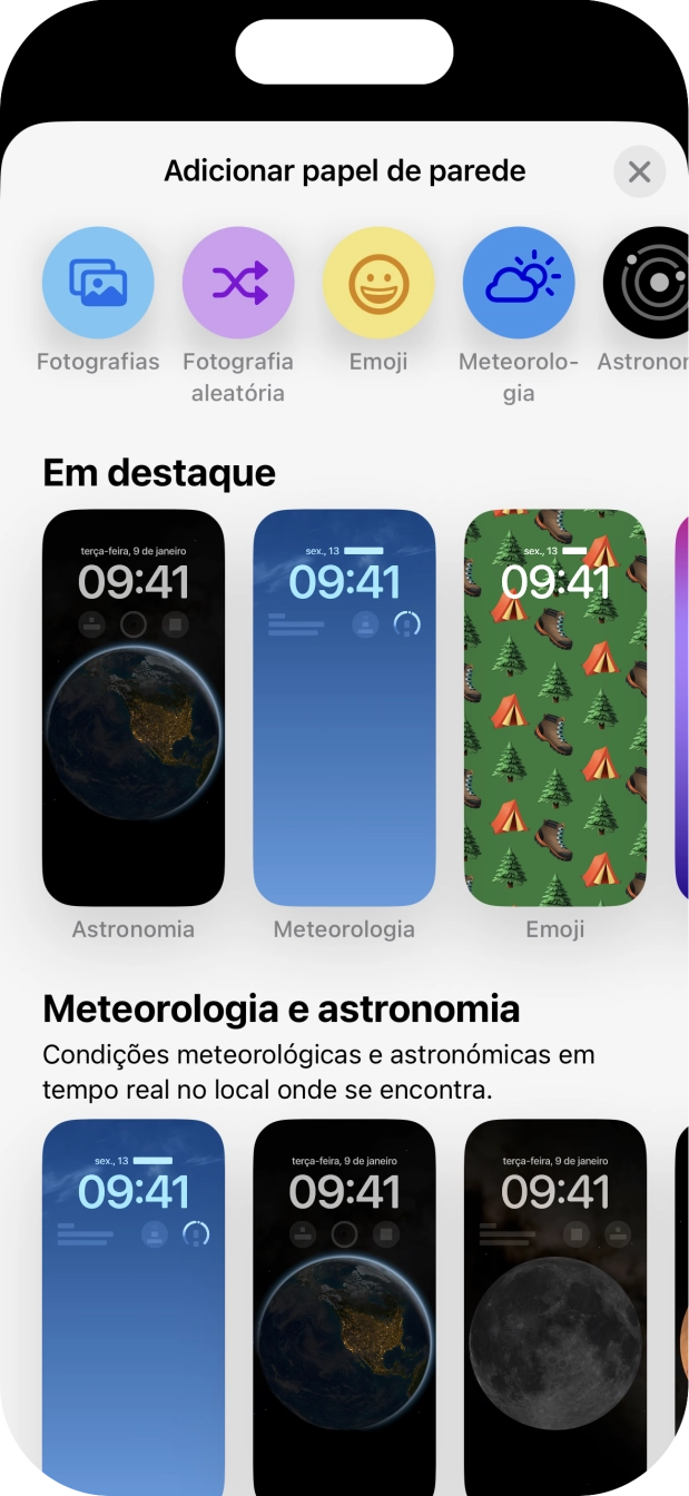 Prima a categoria pretendida e siga as indicações no ecrã para escolher a imagem de fundo pretendida.