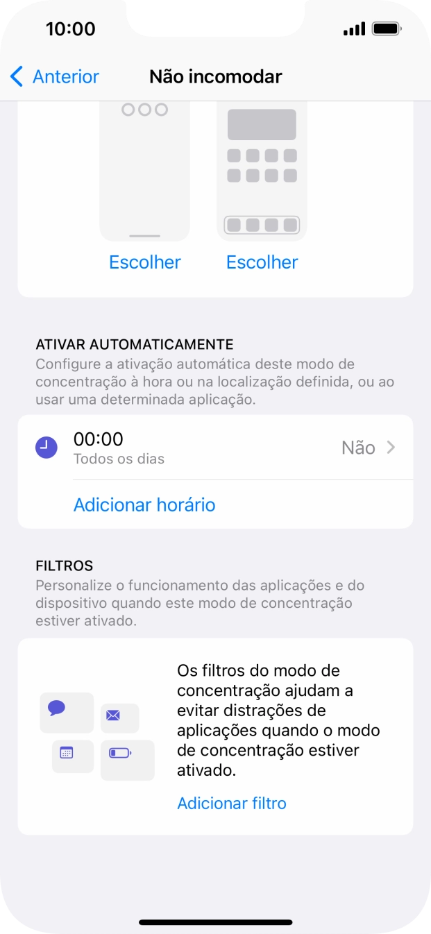 Prima Adicionar horário e siga as indicações no ecrã para escolher as definições para ativação automática da função 