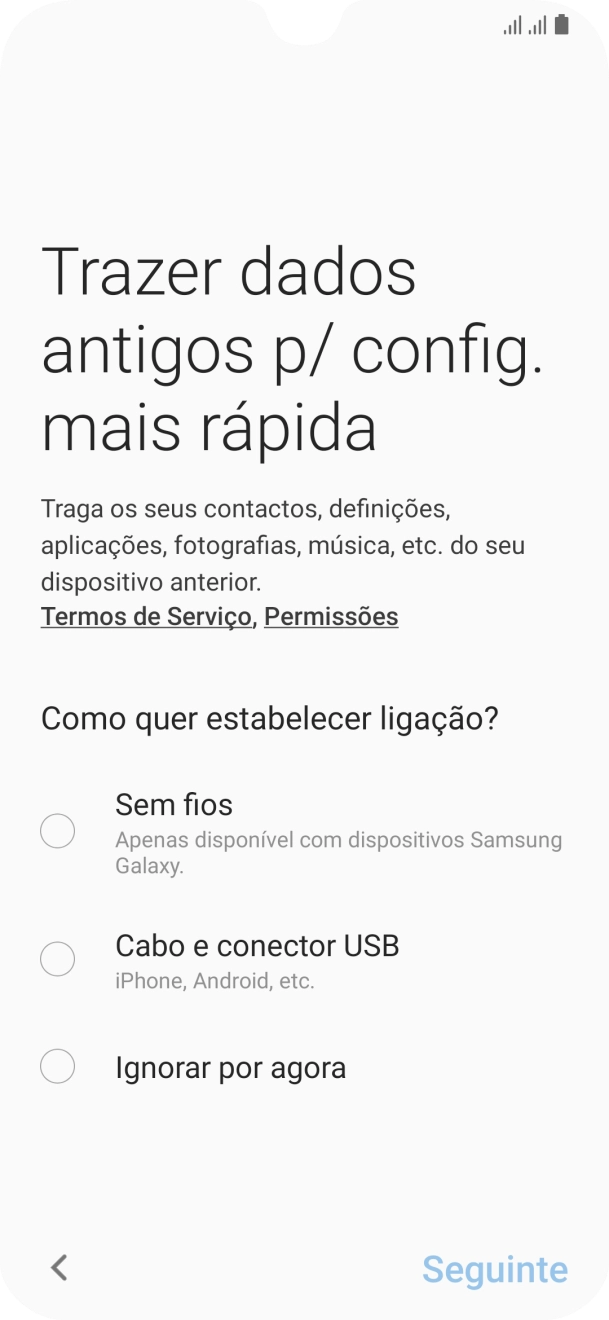 É possível transferir conteúdo de outro telefone quando o telefone for ativado antes da primeira utilização e quando o telefone tiver sido reiniciado. Quando esta imagem for mostrada no ecrã, o telefone está pronto para transferir conteúdo de outro telefone.