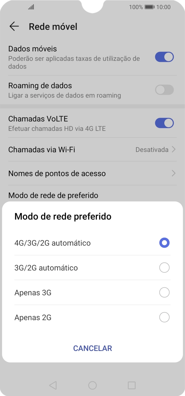 Prima o tipo de rede pretendido.