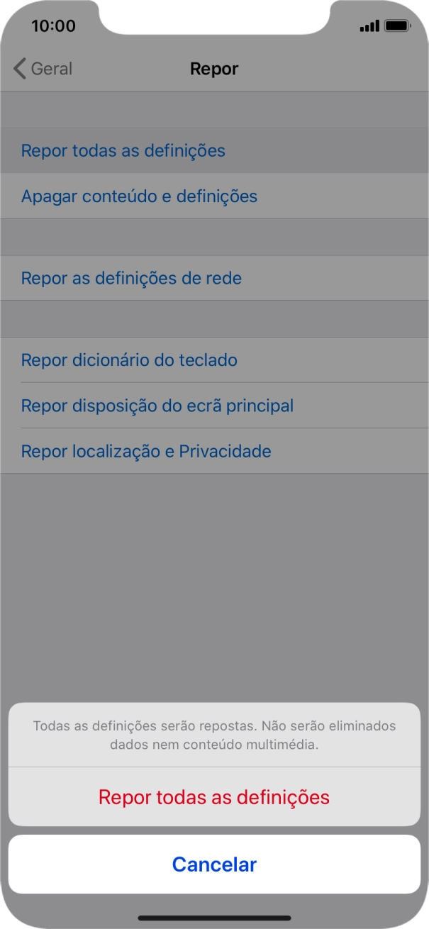 Prima Repor todas as definições.