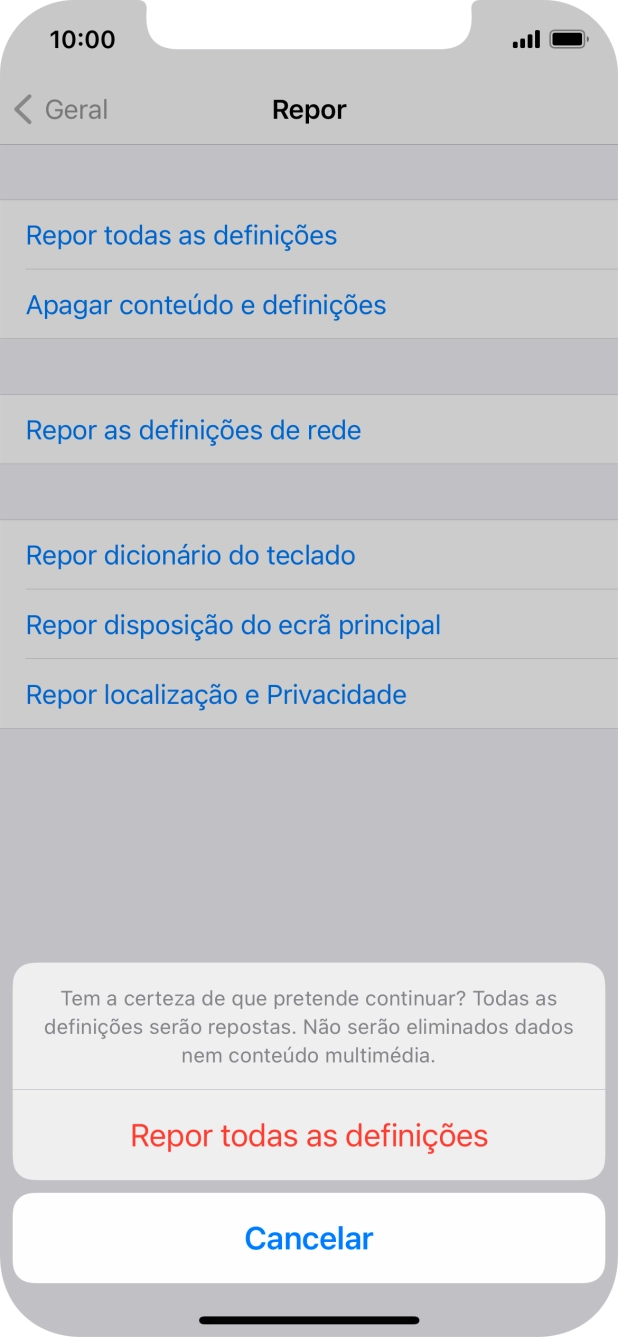 Prima Repor todas as definições. Aguarde um momento enquanto o telefone restabelece as definições originais. Siga as indicações no ecrã para configurar o telefone de modo que este fique pronto a ser utilizado.