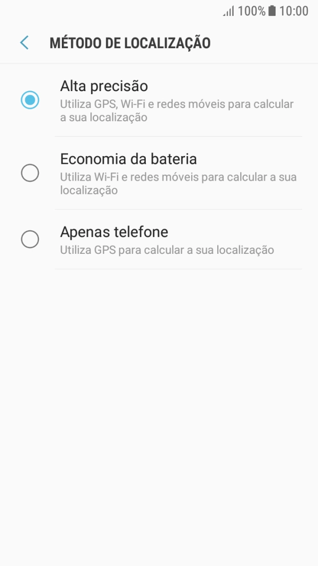 Se escolher Alta precisão, o telefone irá encontrar a sua localização precisa utilizando os satélites GPS, a rede móvel e as redes Wi-Fi  nas proximidades. A navegação por satélite GPS requer vista livre ao céu.