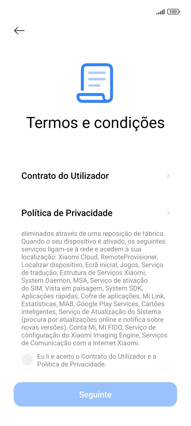 Prima o campo para aceitar os termos e condições.