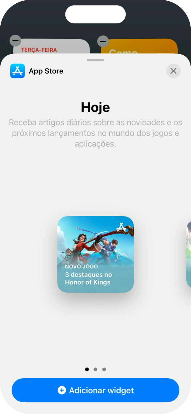 Para escolher a dimensão pretendida para o widget, deslize o dedo para a direita ou para a esquerda sobre o ecrã.