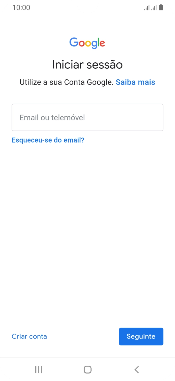 Se não tiver uma conta Google, prima Criar conta e siga as indicações no ecrã para criar uma conta.
