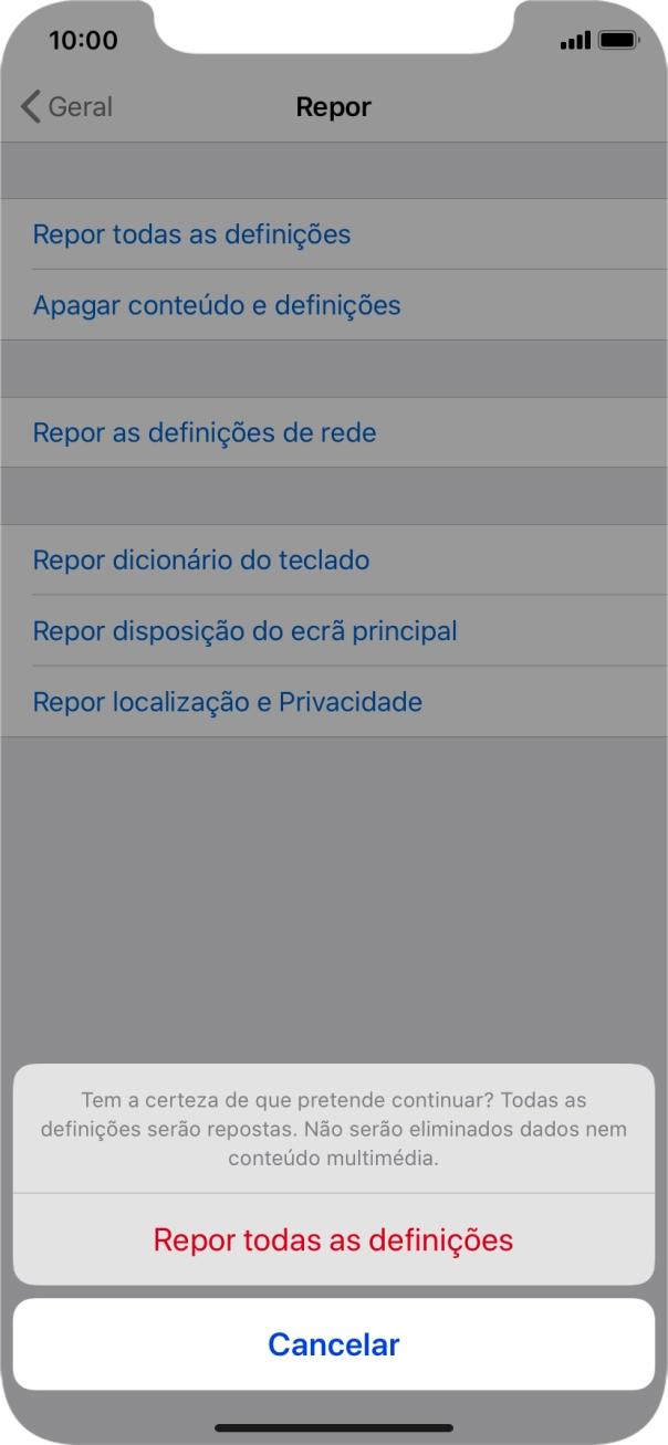 Prima Repor todas as definições. Aguarde um momento enquanto o telefone restabelece as definições originais. Siga as indicações no ecrã para configurar o telefone de modo que este fique pronto a ser utilizado.