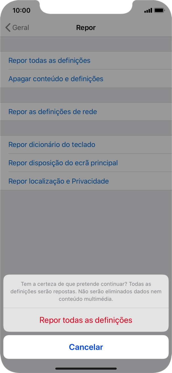 Prima Repor todas as definições. Aguarde um momento enquanto o telefone restabelece as definições originais. Siga as indicações no ecrã para configurar o telefone de modo que este fique pronto a ser utilizado.
