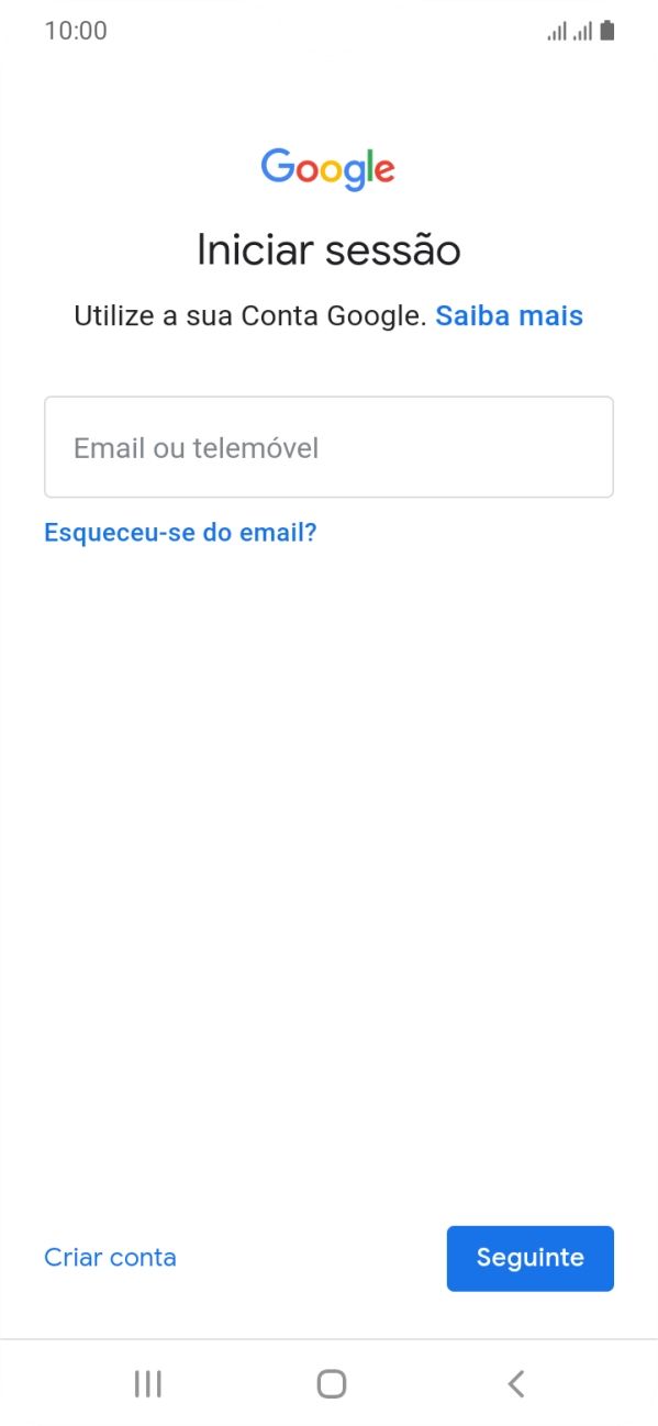 Se não tiver uma conta Google, prima Criar conta e siga as indicações no ecrã para criar uma conta.