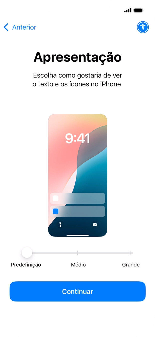 Escolha o tamanho pretendido para o texto e ícones no telefone e prima Continuar.