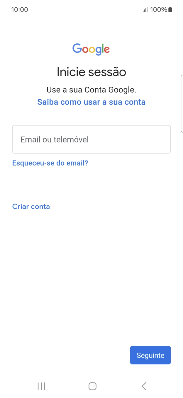 Se não tiver uma conta Google, prima Criar conta e siga as indicações no ecrã para criar uma conta.