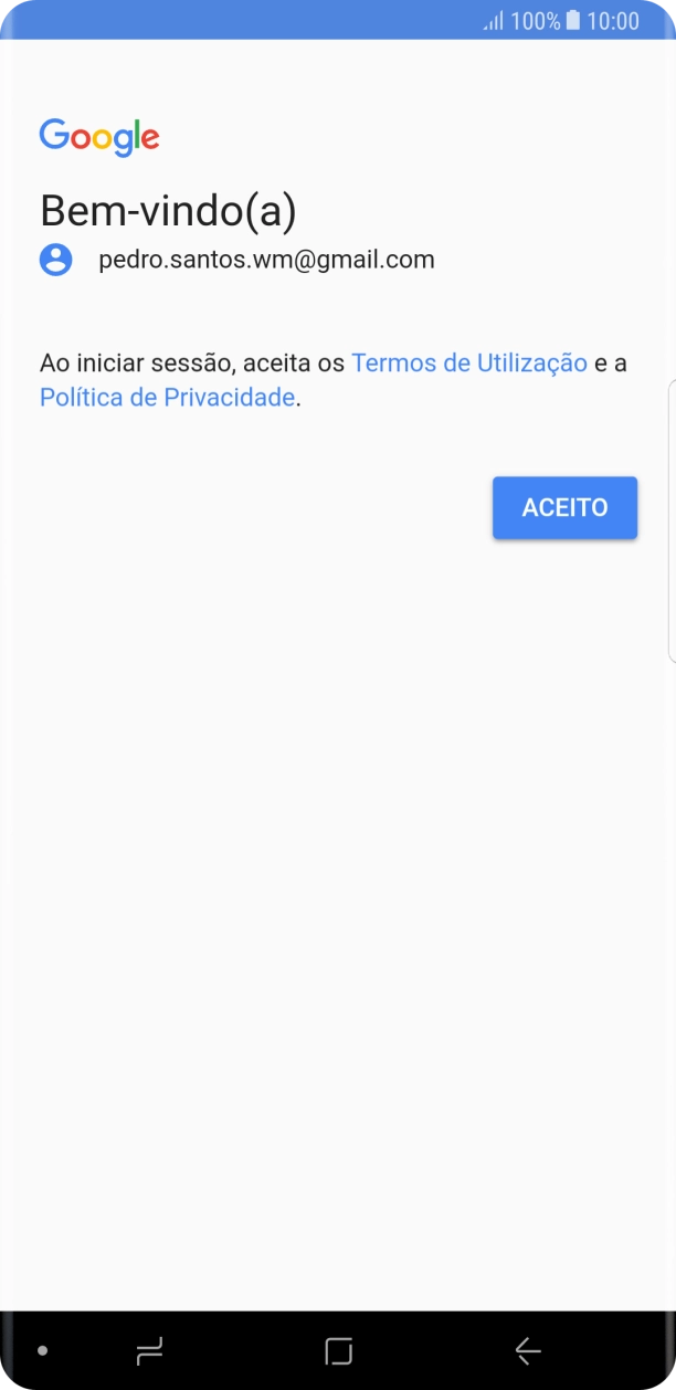 Prima ACEITO e siga as indicações no ecrã para escolher as definições da conta Google.