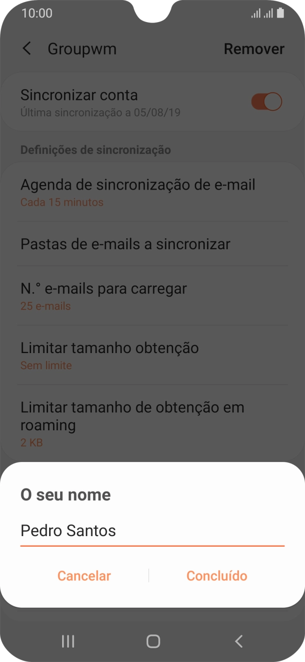 Introduza o nome de remetente e prima Concluído.