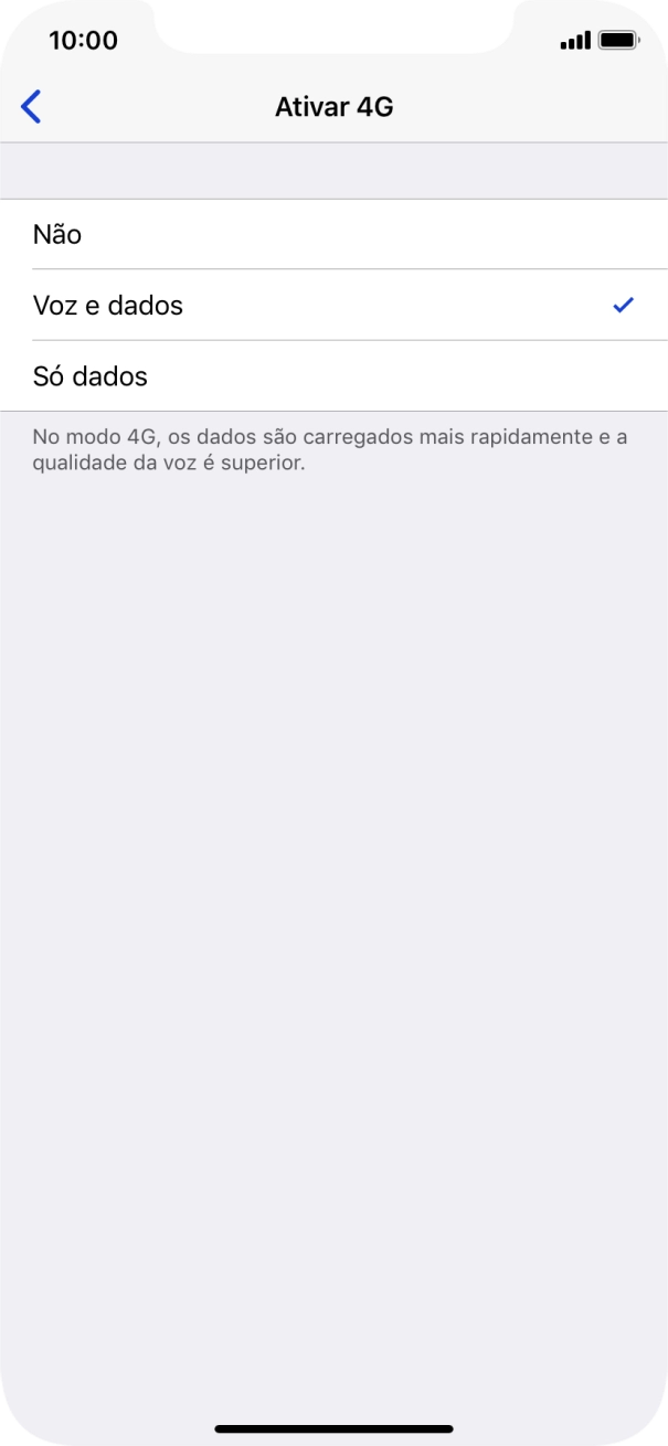 Para desativar o uso de 4G, prima Não.