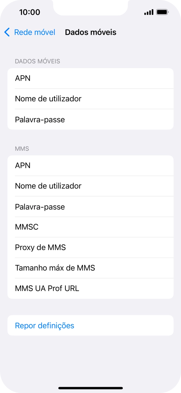 Prima APN e insira net2.vodafone.pt.