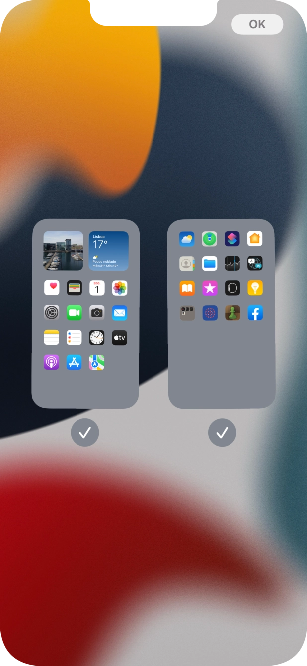 Prima os campos sob as páginas do ecrã inicial pretendidas, para ativar ou desativar a exibição de páginas.
