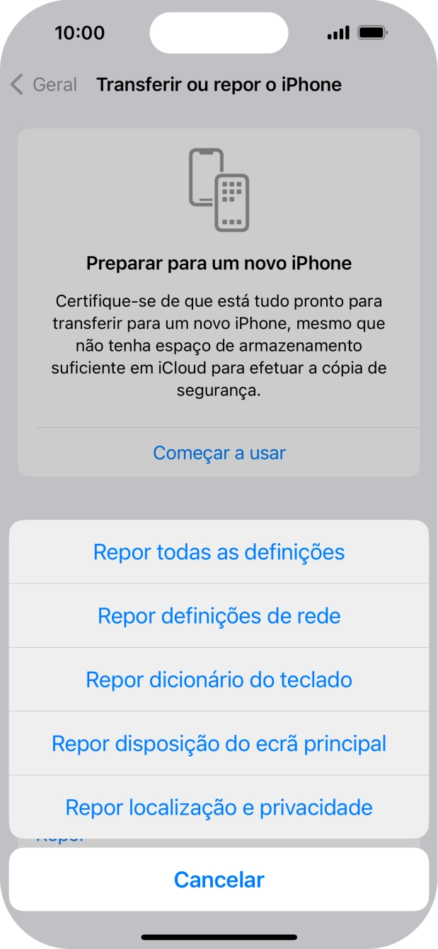 Prima Repor definições de rede.