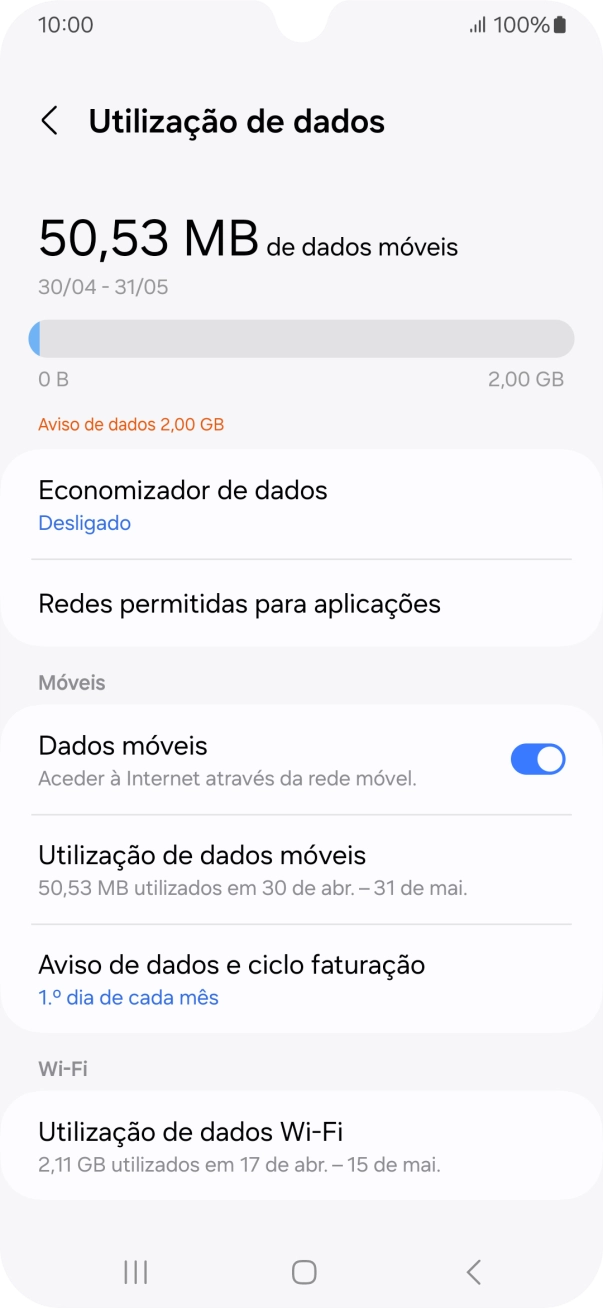 O consumo total de dados é agora mostrado no ecrã.