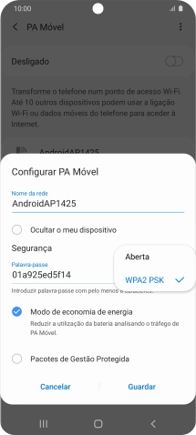 Prima WPA2 PSK para proteger o hotspot Wi-Fi com uma password.