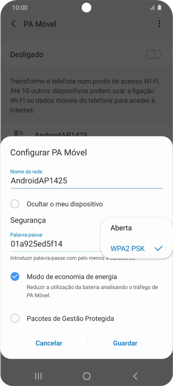 Prima WPA2 PSK para proteger o hotspot Wi-Fi com uma password.