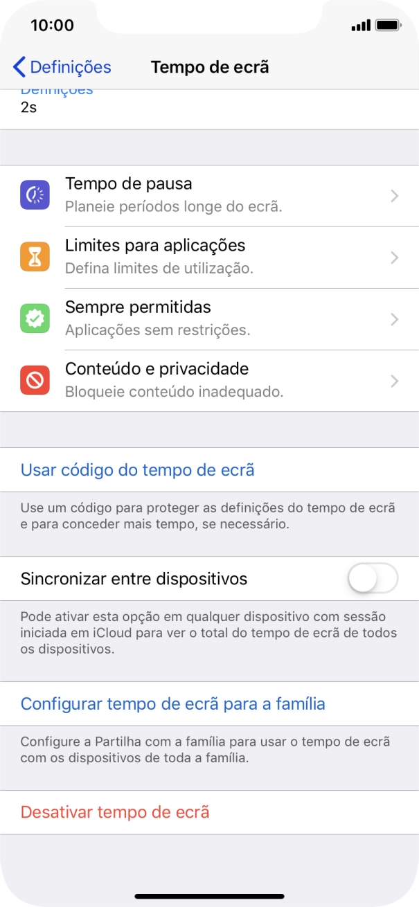Prima Configurar tempo de ecrã para a familia e siga as indicações no ecrã para escolher as definições do Tempo de ecrã para a família.