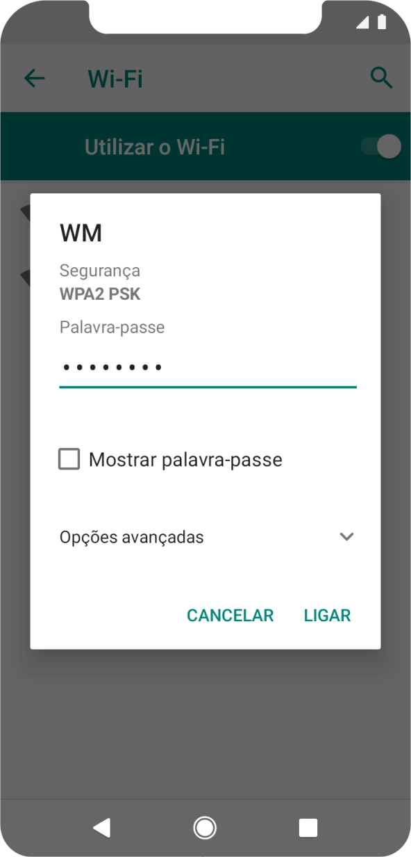Introduza a password da rede Wi-Fi e prima LIGAR.