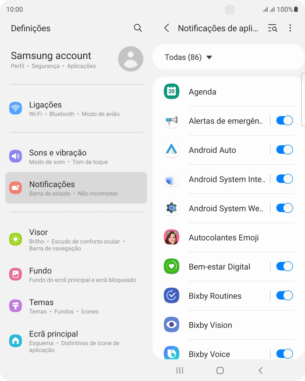Prima o indicador junto às apps pretendidas para ativar ou desativar a função.