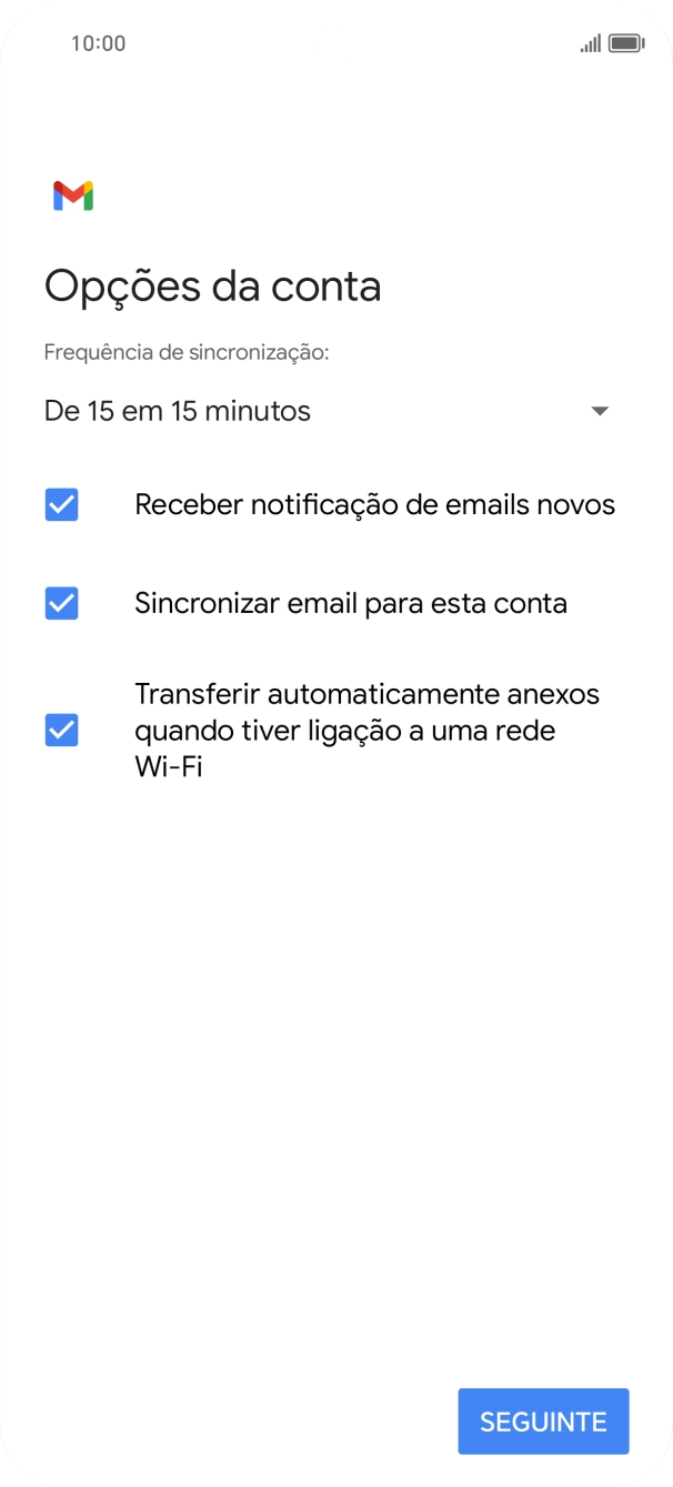 Se o ecrã mostrar esta imagem, a sua conta foi identificada e configurada automaticamente. Siga as indicações no ecrã para introduzir informações adicionais e concluir a configuração.