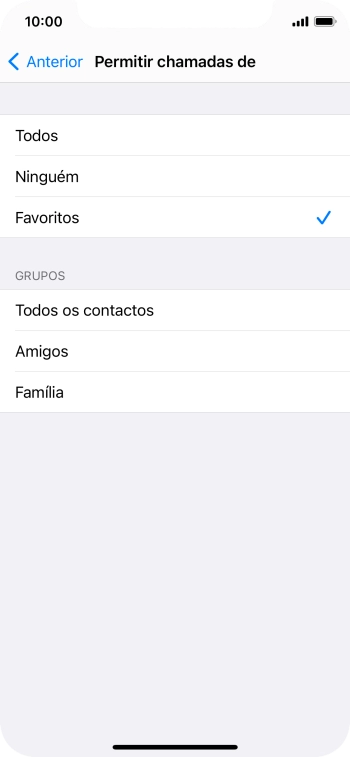 Prima as definições pretendidas para escolher quais os contactos que lhe podem ligar quando a função 