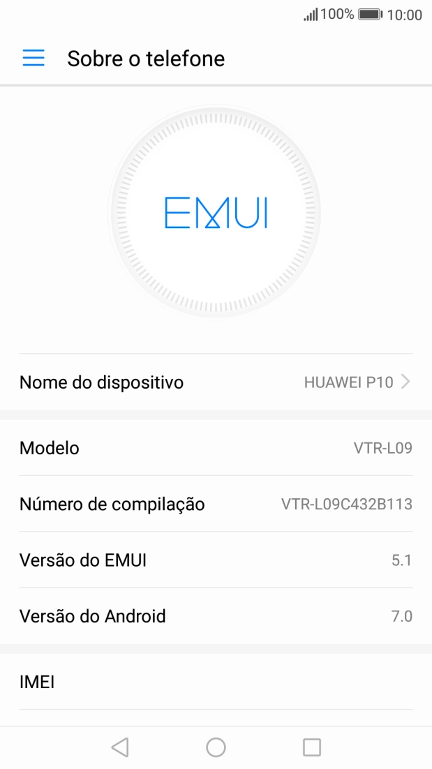 O código IMEI é mostrado no ecrã.