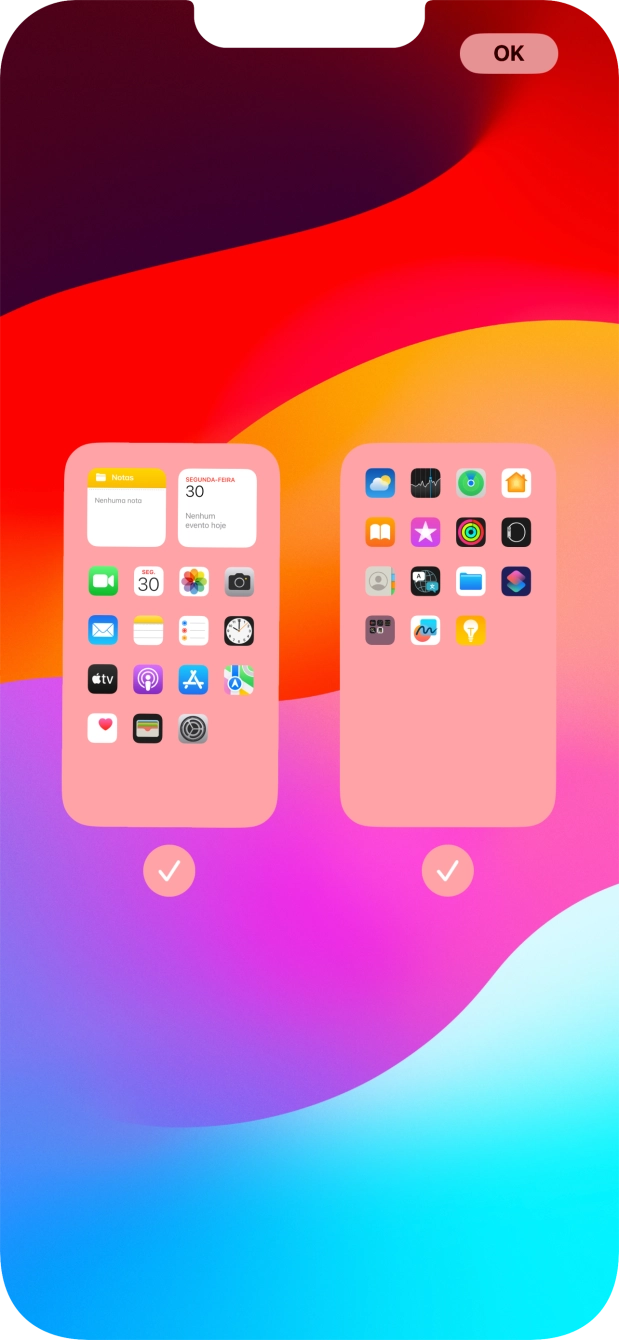 Prima os campos sob as páginas do ecrã inicial pretendidas, para ativar ou desativar a exibição de páginas.