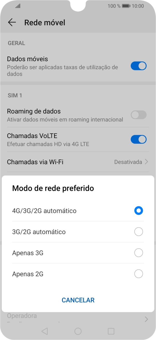 Prima o tipo de rede pretendido.