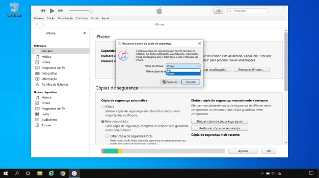 Clique na cópia de segurança pretendida.