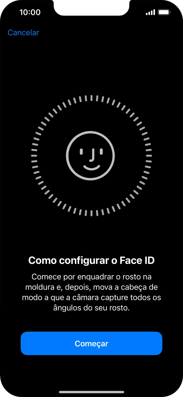 Prima Começar e siga as indicações no ecrã para estabelecer um código de reconhecimento facial (Face ID).