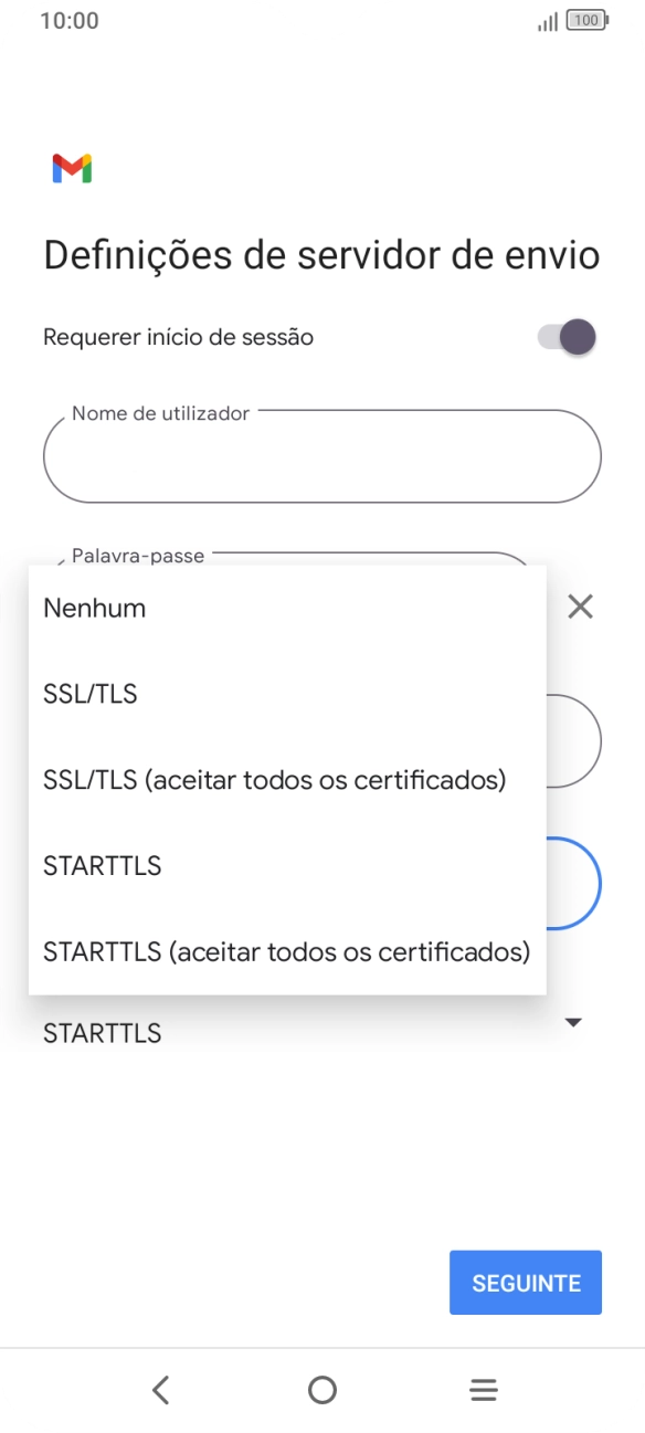 Prima STARTTLS para ativar a função.