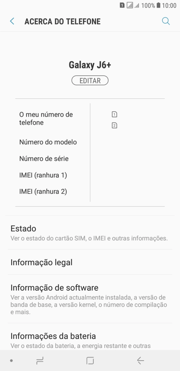 O código IMEI é mostrado no ecrã.