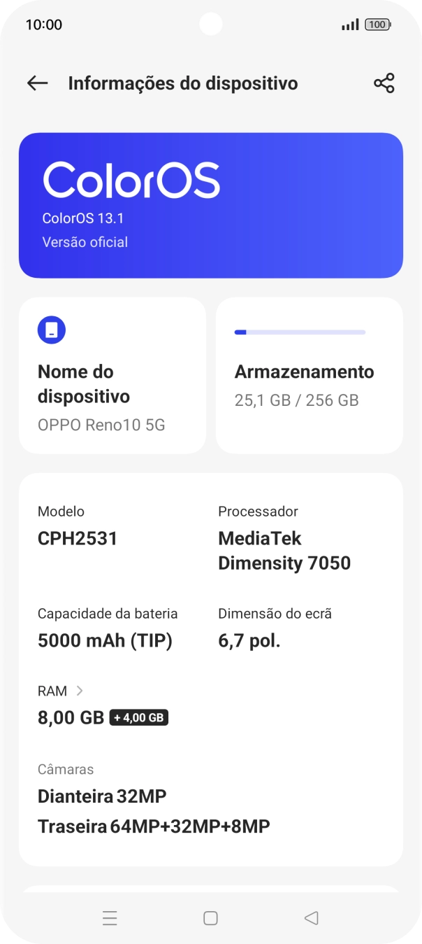 Prima ColorOS. Se existir uma nova versão de software disponível, será agora indicado no ecrã. Siga as indicações no ecrã para atualizar o software do telefone.