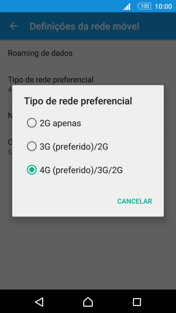 Prima o tipo de rede pretendido.