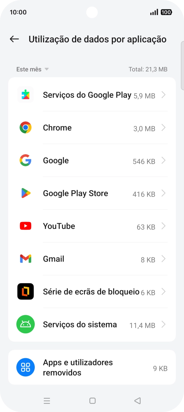 O consumo de dados de cada aplicação é mostrado sob o nome da aplicação.