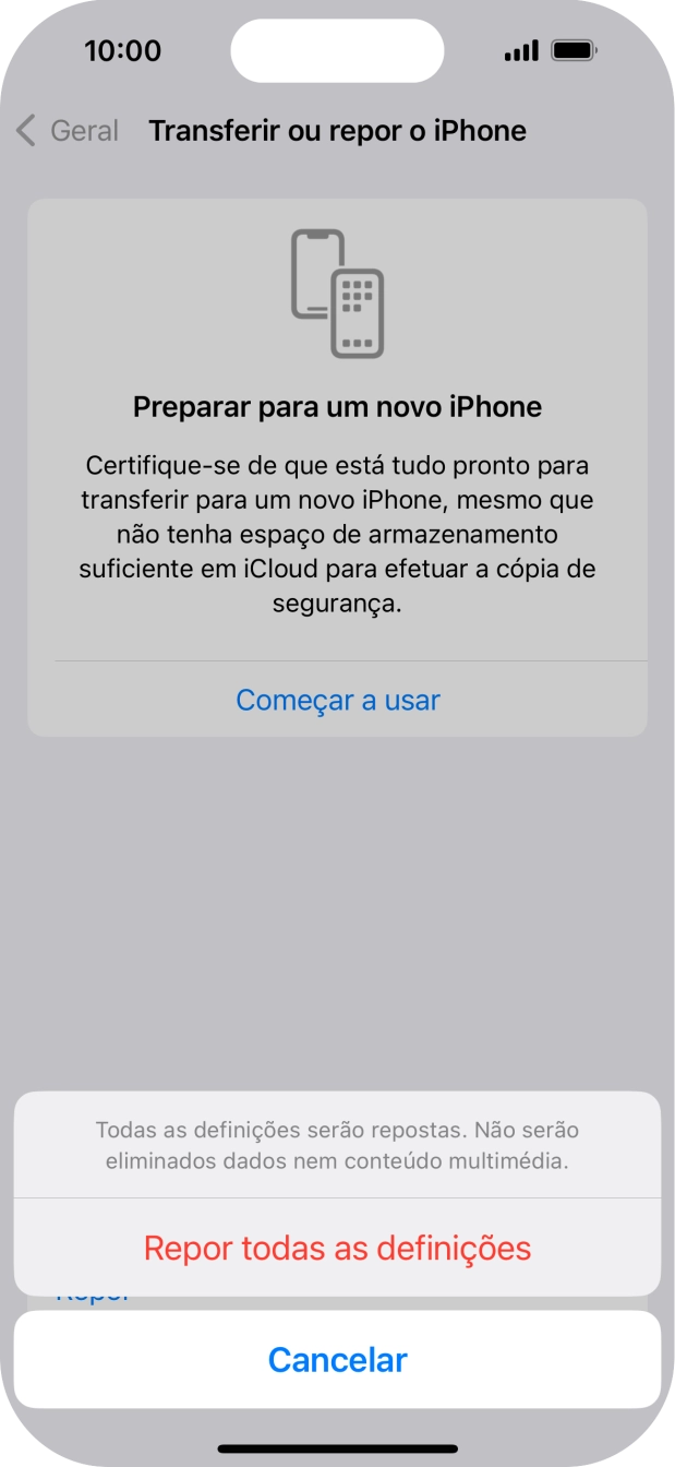 Prima Repor todas as definições.