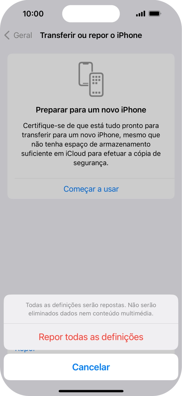 Prima Repor todas as definições.