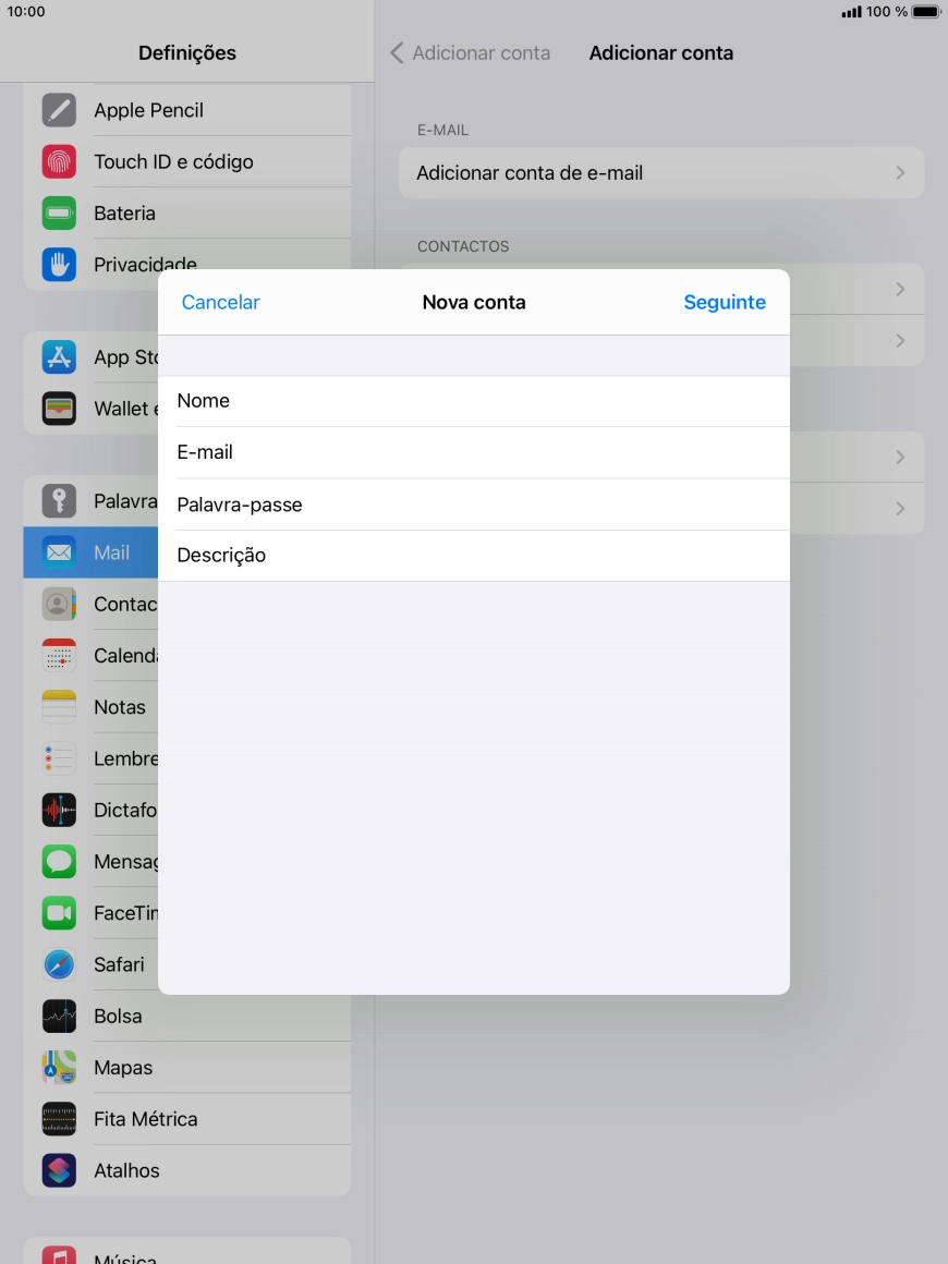 Prima Descrição e introduza o nome pretendido da conta de e-mail.