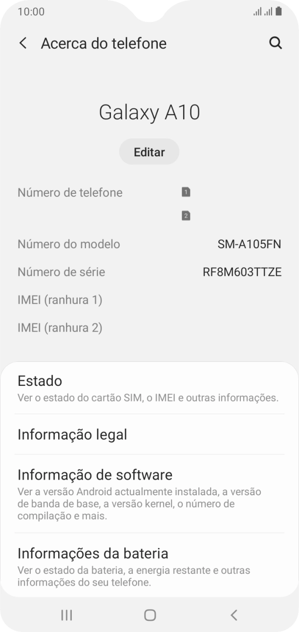 O código IMEI é mostrado no ecrã.