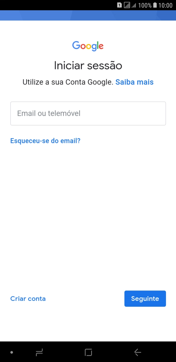 Se não tiver uma conta Google, prima Criar conta e siga as indicações no ecrã para criar uma conta.